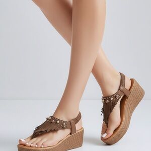 Elegant Brown Fringe Wedge Sandals